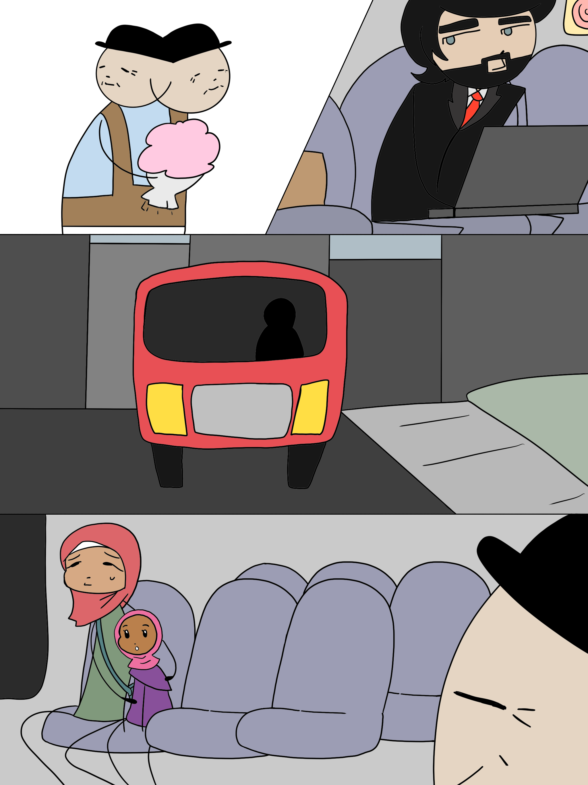 Illustration de style BD. En haut, un homme âgé tenant des fleurs fait face à un homme d’affaires contrarié. Au centre, un autobus rouge roule. En bas, une fillette portant un hijab observe le vieillard, blottie contre sa mère.